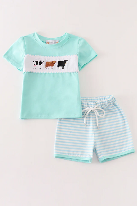 (Custom Design Preorder MOQ 5) Cows Top Stripes Shorts Boys Summer Clothes Set