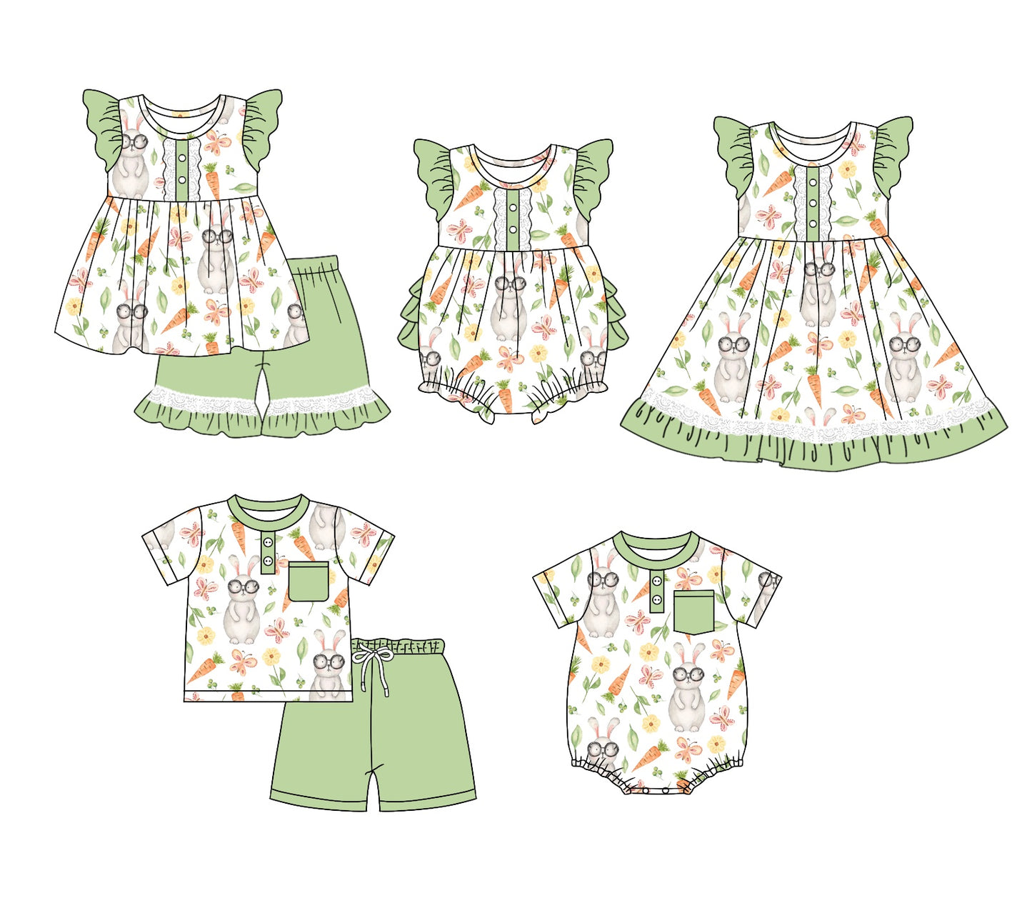11.4(Custom Design Preorder MOQ 5 Each Design) Bunny Flowers Print Kids Easter Matching Clothes Sibling Wear