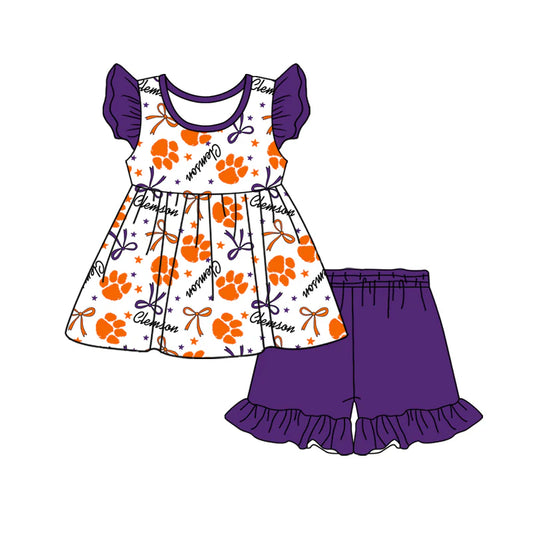 (Custom Design Preorder MOQ 5) Team's Clemson Top Purple Shorts Girls Summer Clothes Set