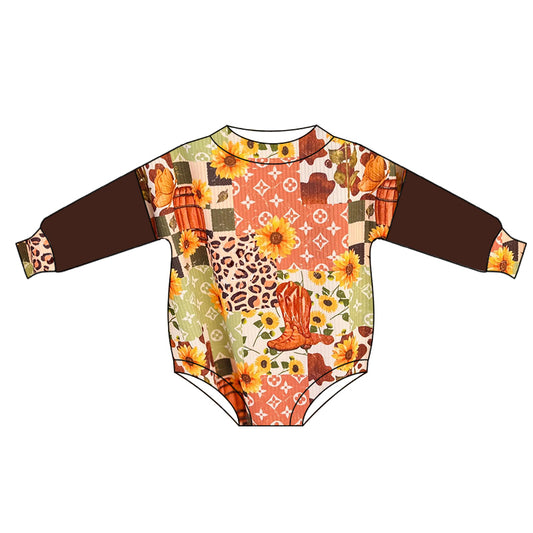 (Custom Design Preorder MOQ 5) Boots Leopard Sunflowers Print Baby Girls Western Romper