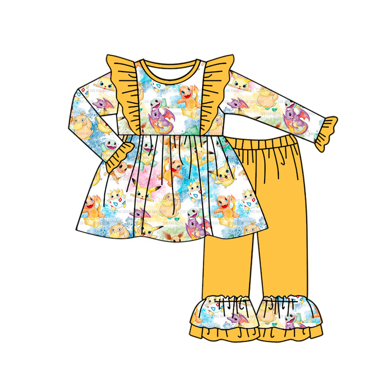 (Custom Design Preorder MOQ 5) Cartoon Animals Tunic Top Yellow Pants Girls Fall Clothes Set