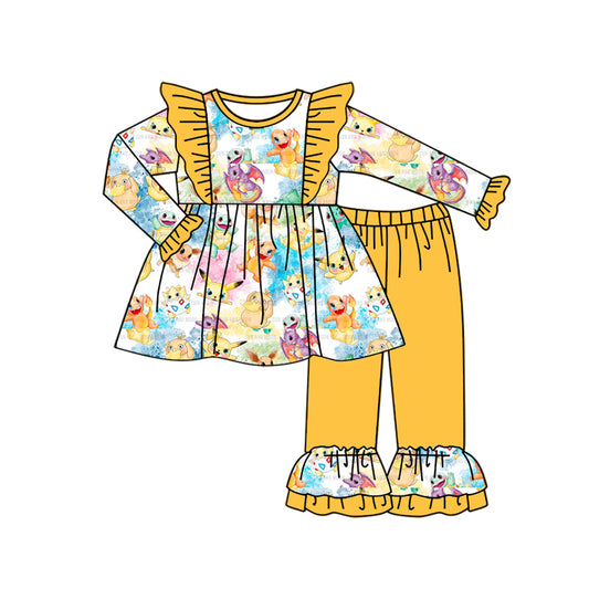 (Custom Design Preorder MOQ 5) Cartoon Animals Tunic Top Yellow Pants Girls Fall Clothes Set