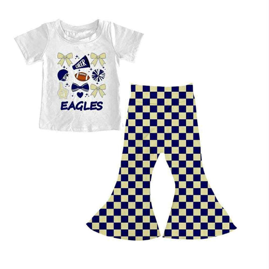 (Custom Design Preorder MOQ 5) Team's EAGLES Bows Top Navy Plaid Bell Pants Girls Clothes Set