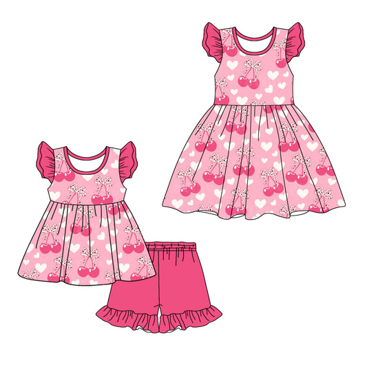 12.14(Custom Design Preorder MOQ 5 Each Design) Cherry Bows Heart Print Girls Summer Matching Clothes Sisters Wear