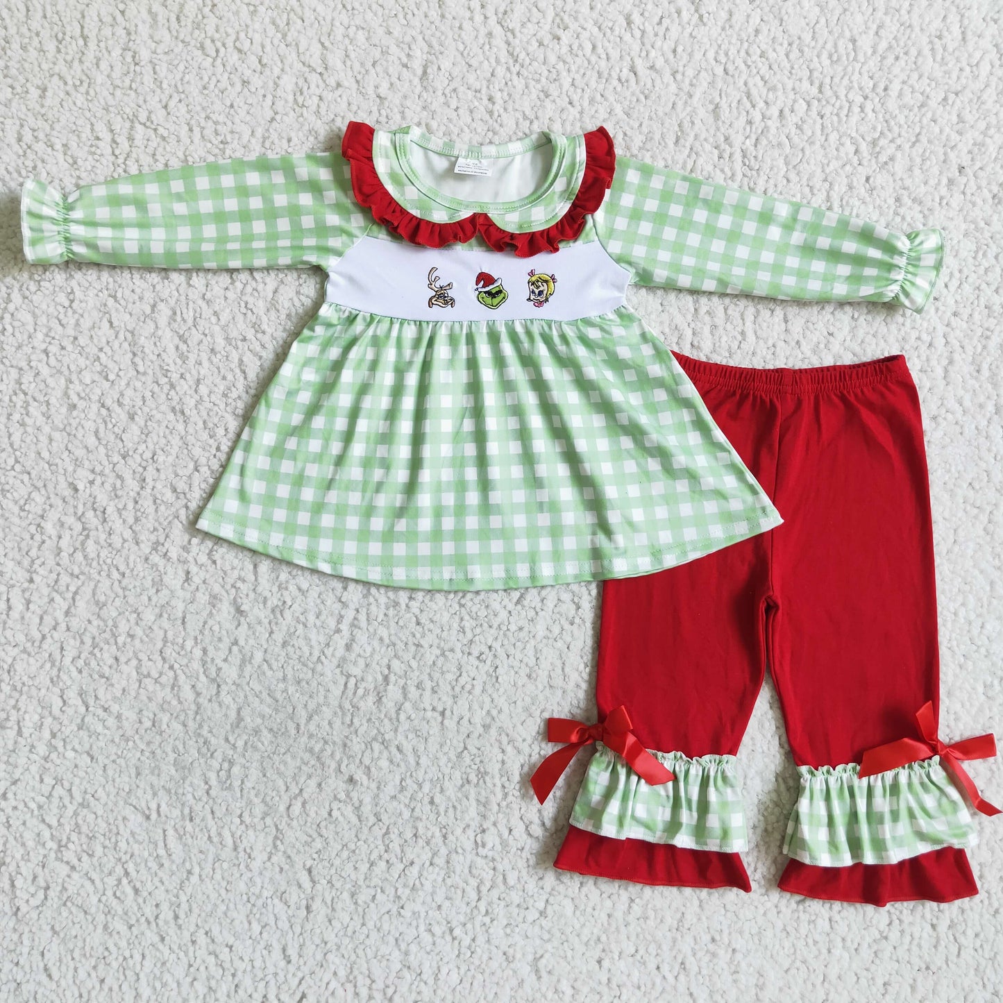 Green Frog Embroidery Plaid Print Sibling Christmas Matching Clothes