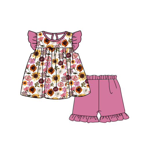 (Custom Design Preorder MOQ 5) Flowers Top Pink Shorts Girls Summer Clothes Set