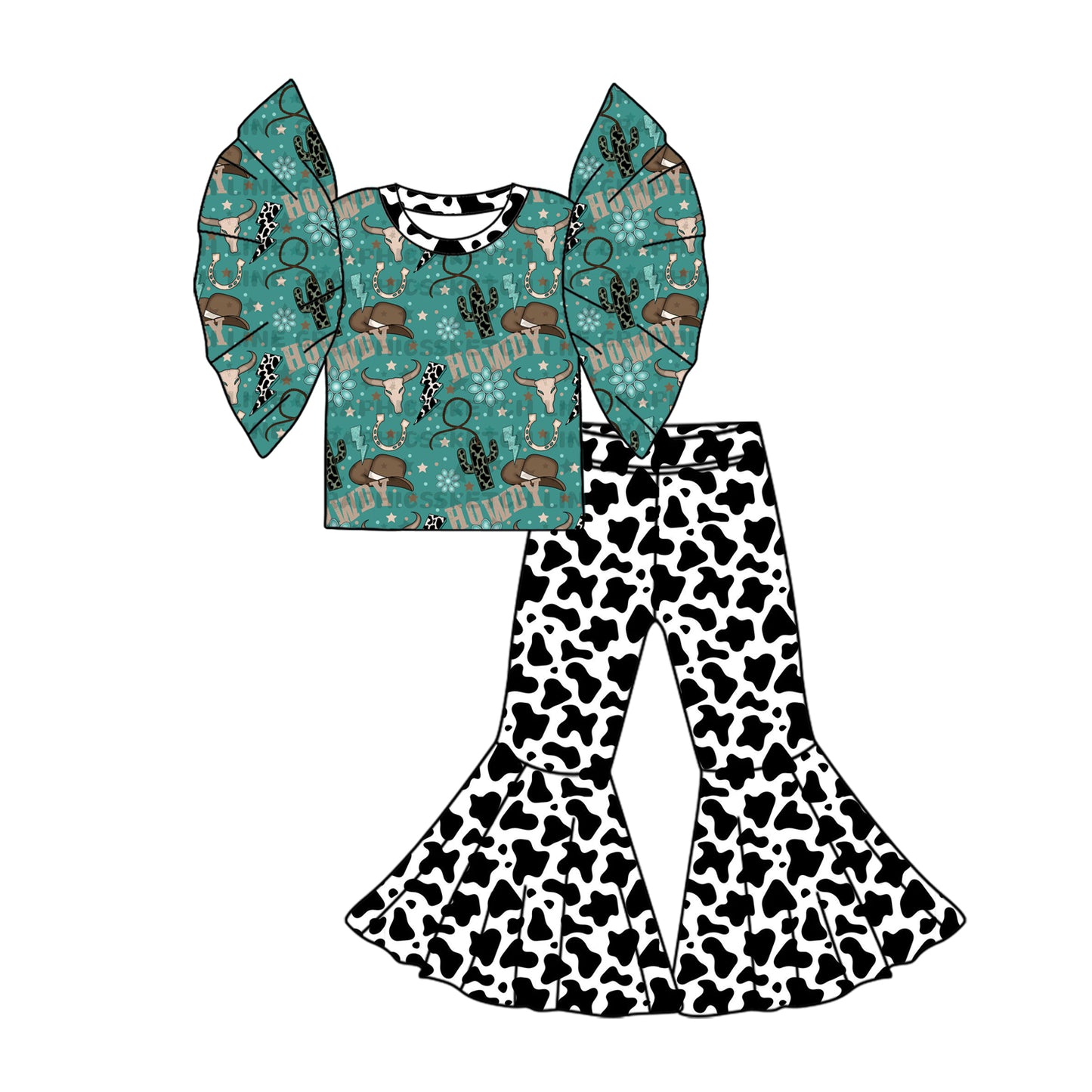 2.24(Custom Design Preorder MOQ 5) Howdy Hat Turquoise Top Cowhide Bell Pants Girls Western Clothes Set
