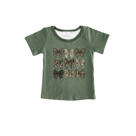 (Custom Design Preorder MOQ 5) Camo Bows Green Print Kids Tee Shirts Top