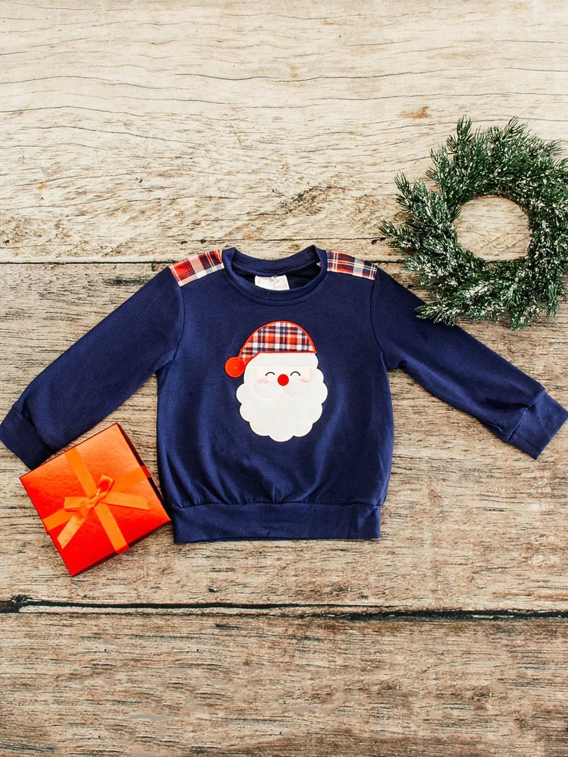 (Custom Design Preorder MOQ 5 ) Santa Navy Plaid Print Boys Christmas Long Sleeve Tee Shirts Top