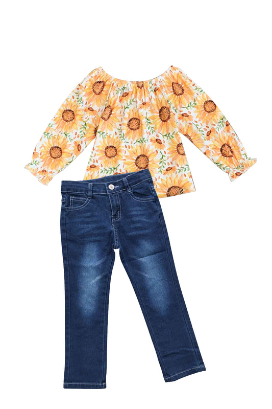 (Custom Design Preorder MOQ 5) Sunflowers Top Blue Denim Pants Girls Clothes Set