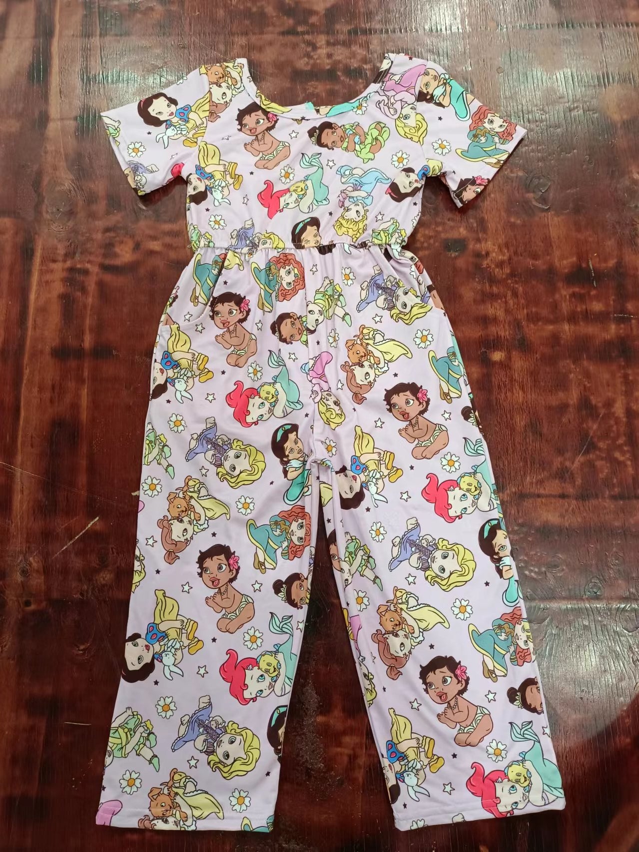 (Custom Design Preorder MOQ 5) Cartoon Princess Flowers Print Girls Jumpsuits Baby Romper