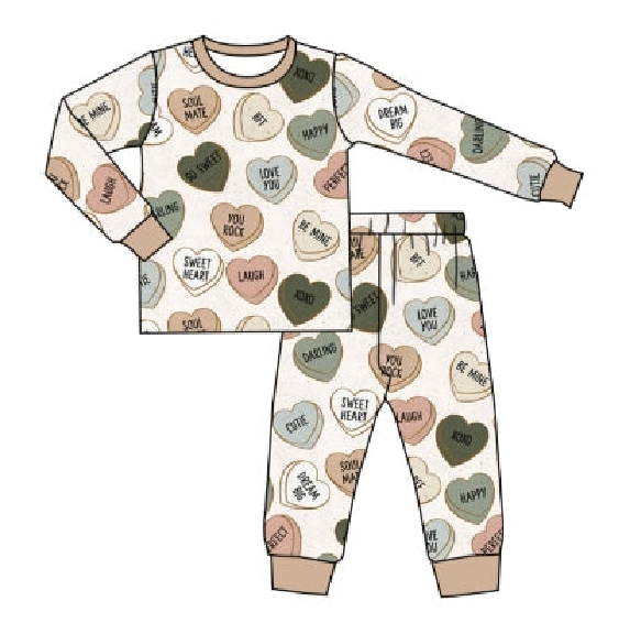 (Custom Design Preorder MOQ 5) Heart Print Girls Valentine's Day Pajamas Clothes Set