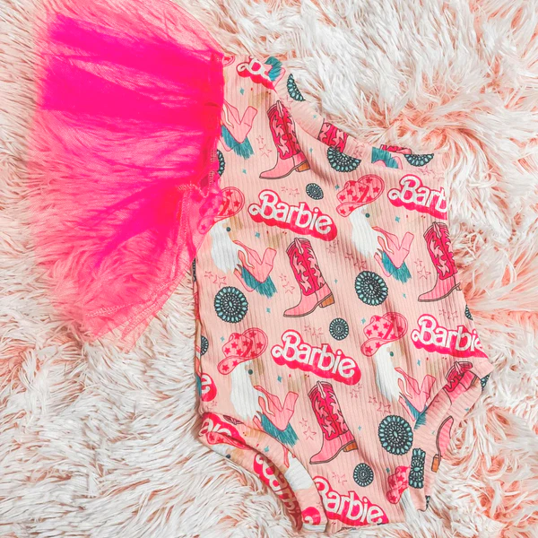 (Custom Design Preorder MOQ 5) Pink BA Boots Western Print Baby Girls Summer One Shoulder Tulle Romper