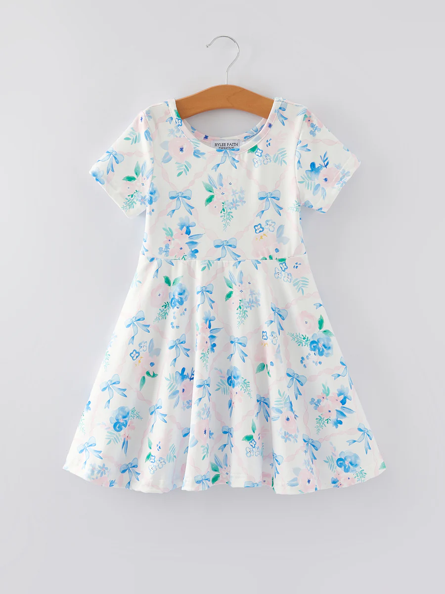 (Custom Design Preorder MOQ 5) Flowers Bows Print Girls Summer Knee Length Dress