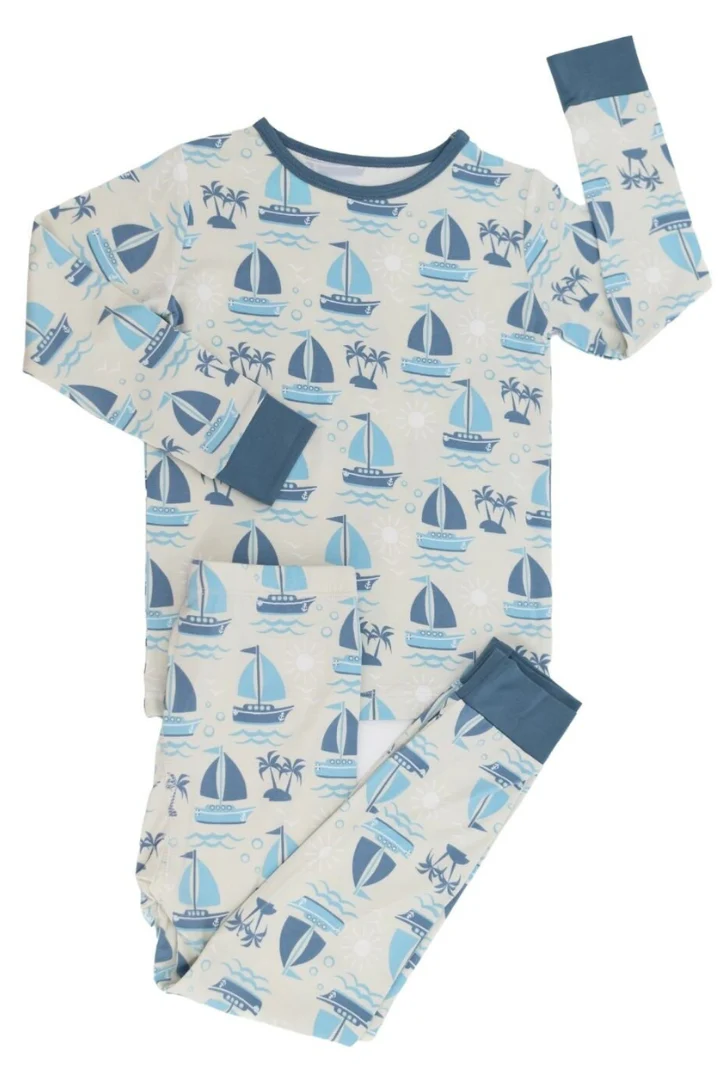 (Custom Design Preorder MOQ 5) Sailboat Blue Print Boys Bamboo Pajamas Clothes Set