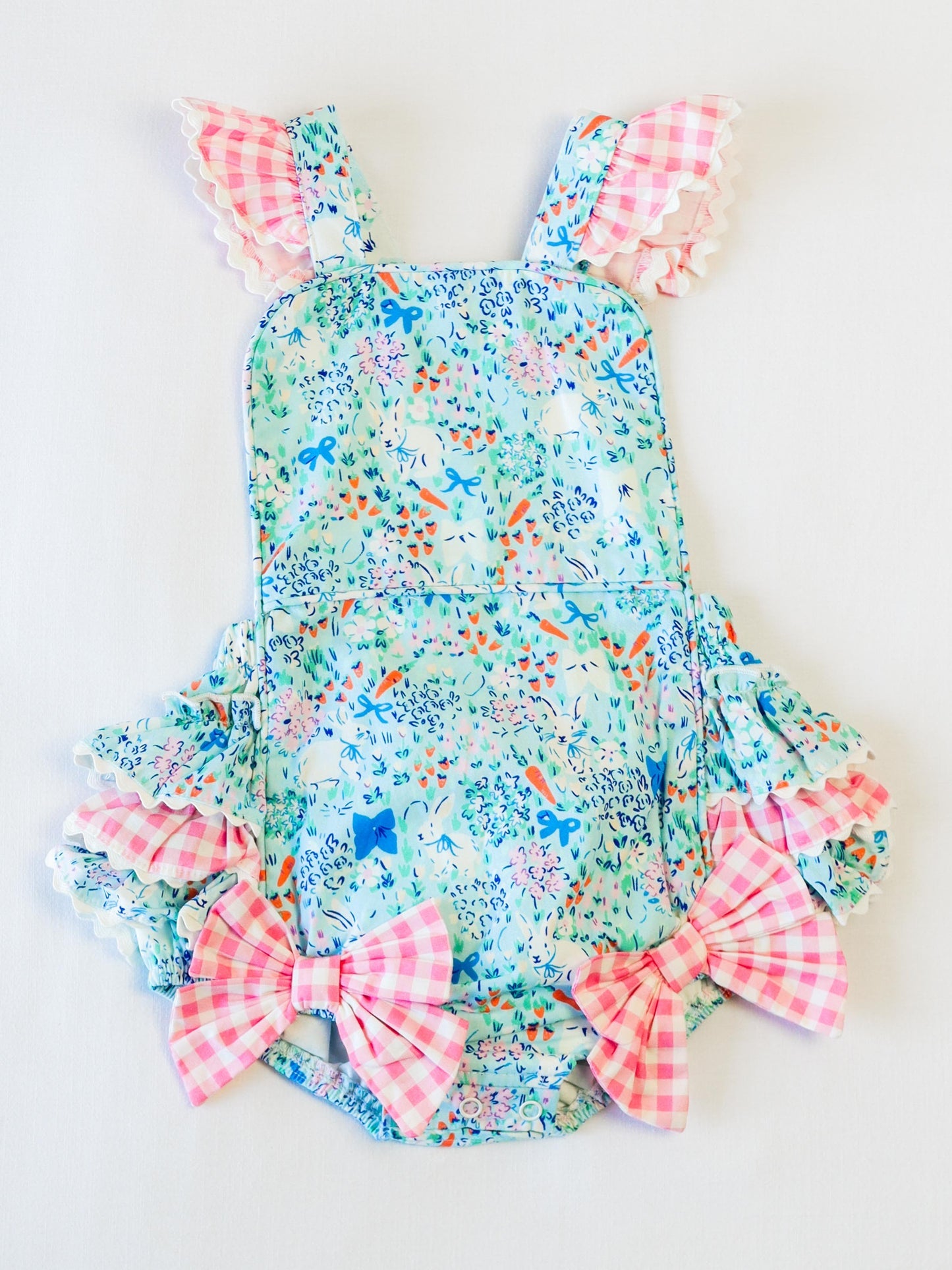 (Custom Design Preorder MOQ 5) Blue Flowers Bunny Print Baby Girls Summer Bubble Romper
