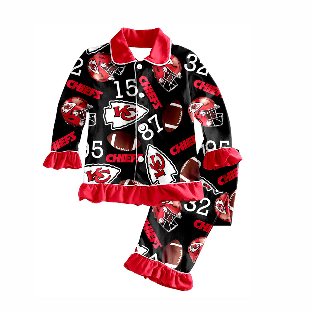 (Custom Design Preorder MOQ 5) Team's KC Black Print Girls Fall Buttons Pajamas Clothes Set