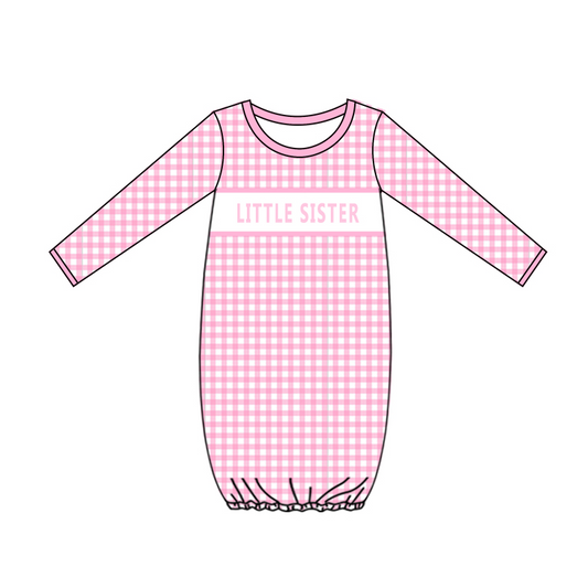 (Custom Design Preorder MOQ 5)  Little Sister Pink Checkered Baby Girls Newborn Gowns
