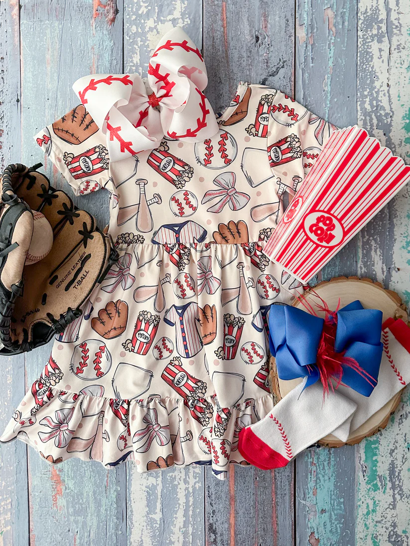 (Custom Design Preorder MOQ 5) Baseball Bows Print Girls Knee Length Dress