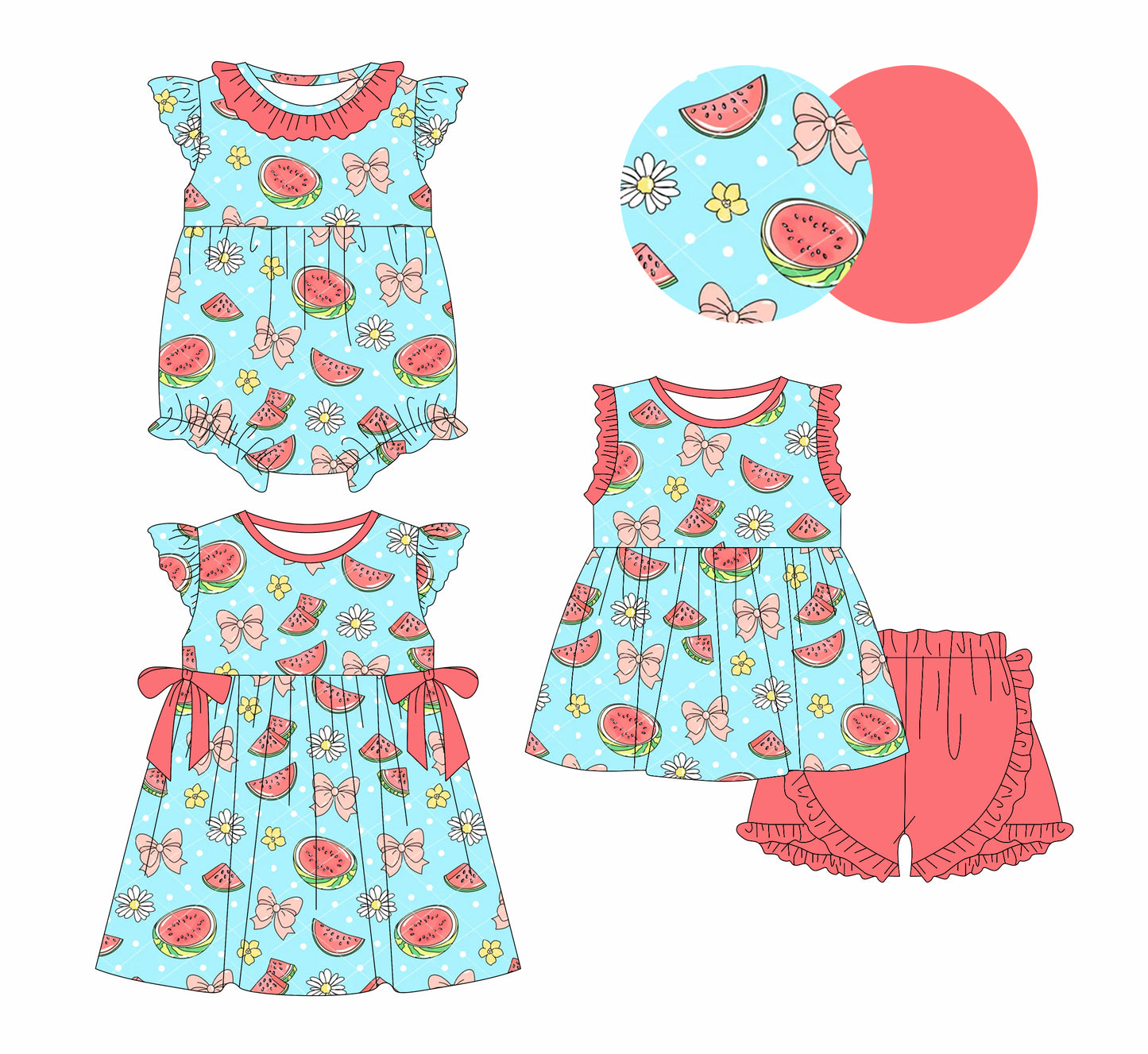1.6(Custom Design Preorder MOQ 5 Each Design) Watermelon Bows Print Girls Summer Matching Clothes Sisters Wear