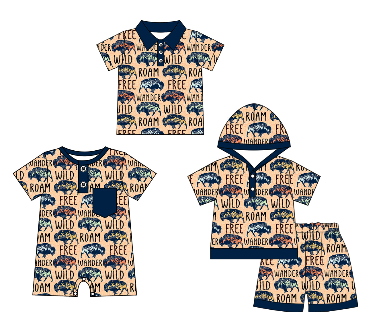 11.22(Custom Design Preorder MOQ 5 Each Design) Bull WILD Print Boys Summer Matching Clothes Brothers Wear