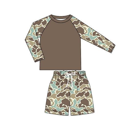 (Custom Design Preorder MOQ 5)  Blue Brown Camo Print Boys Long Sleeve 2 Pieces Swimsuits