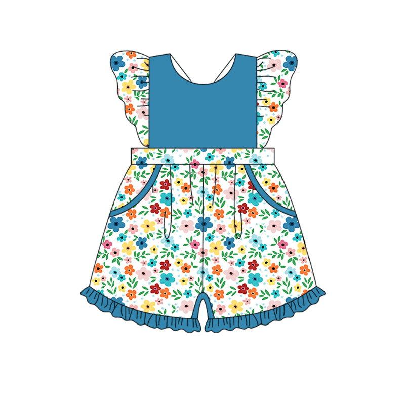 12.10(Custom Design Preorder MOQ 5) Blue Flaowers Print Girls Summer Pockets Jumpsuits