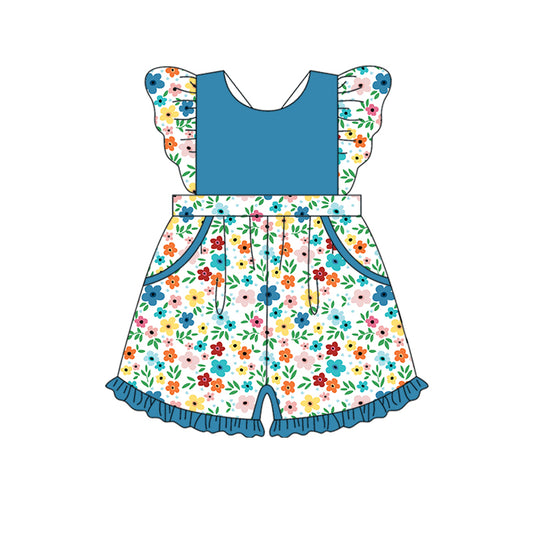 12.10(Custom Design Preorder MOQ 5) Blue Flaowers Print Girls Summer Pockets Jumpsuits