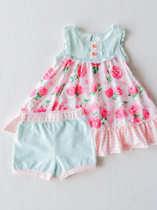 (Custom Design Preorder MOQ 5)  Pink Flowers Print Girls Summer Clothes Set