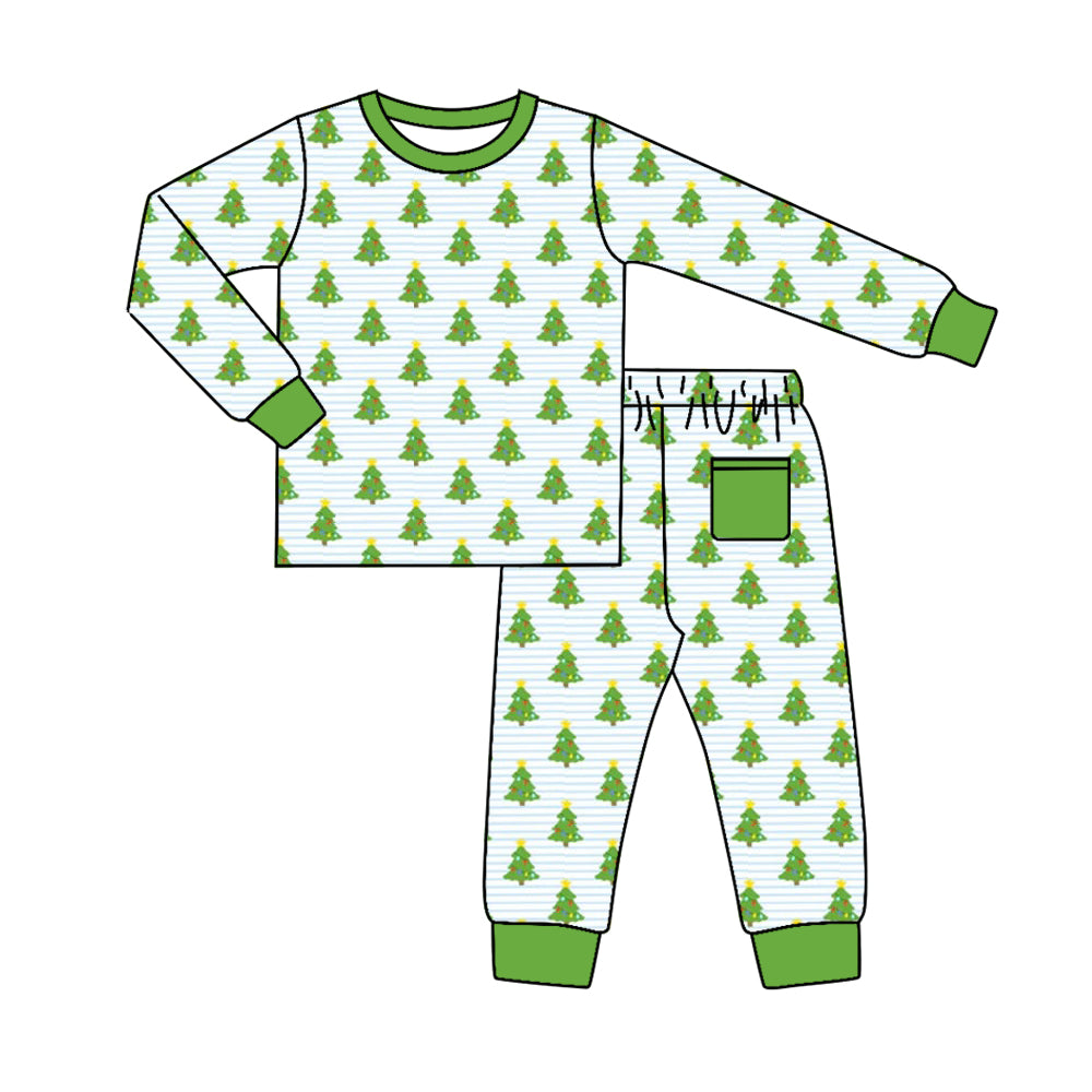 (Custom Design Preorder MOQ 5) Tree Print Boys Christmas Pajamas Clothes Set