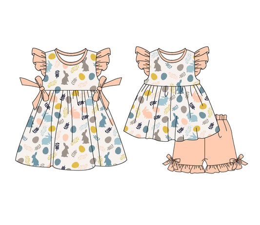 12.23 (Custom Design Preorder MOQ 5 Each Design) Bunny Eggs Print Girls Easter Matching Clothes Sisters Wear