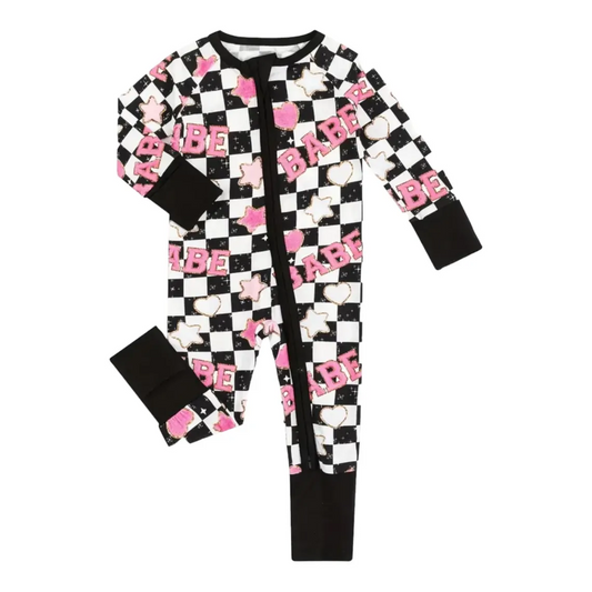 (Custom Design Preorder MOQ 5) BABE Black Plaid Print Baby Girls Sleeper Zipper Romper