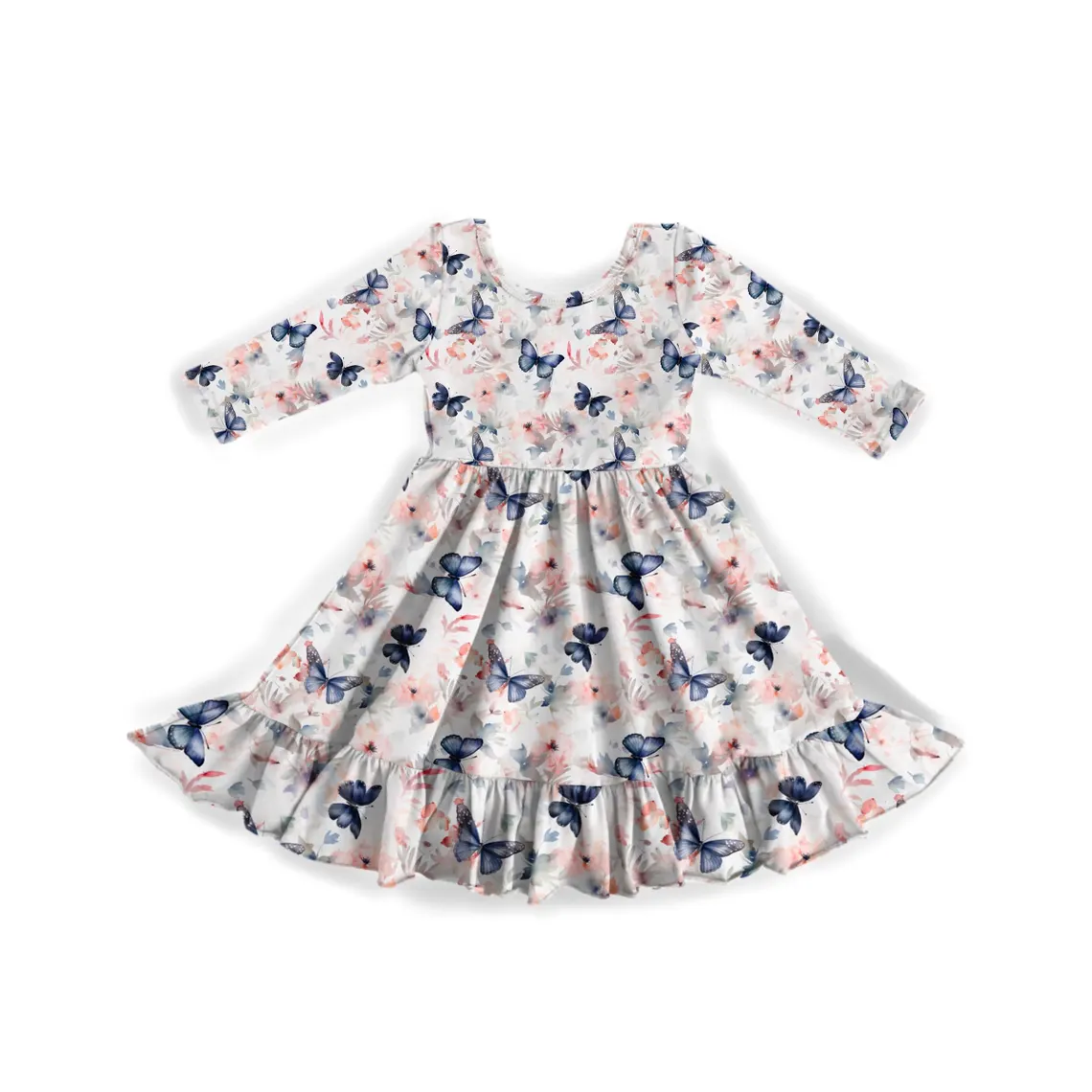 (Custom Design Preorder MOQ 5)  Flowers Butterfly Print Girls Fall Knee Length Dress