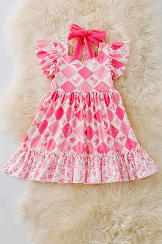 (Custom Design Preorder MOQ 5) Rodeo Boots Plaid Pink Print Girls Summer Knee Length Dress