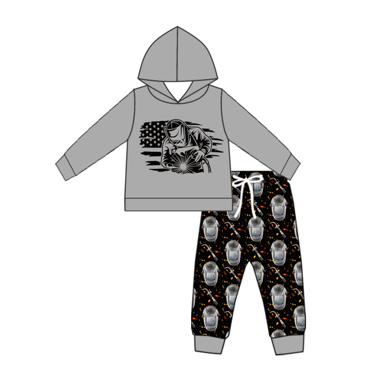 (Custom Design Preorder MOQ 5) Welder Gray Hoodie Top Black Pants Boys Fall Clothes Set