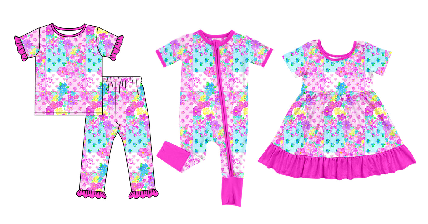 12.1(Custom Design Preorder MOQ 5 Each Design) Colorful Flowers Hearts Print Girls Pajamas Matching Clothes Sisters Wear