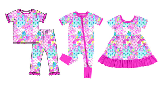 12.1(Custom Design Preorder MOQ 5 Each Design) Colorful Flowers Hearts Print Girls Pajamas Matching Clothes Sisters Wear