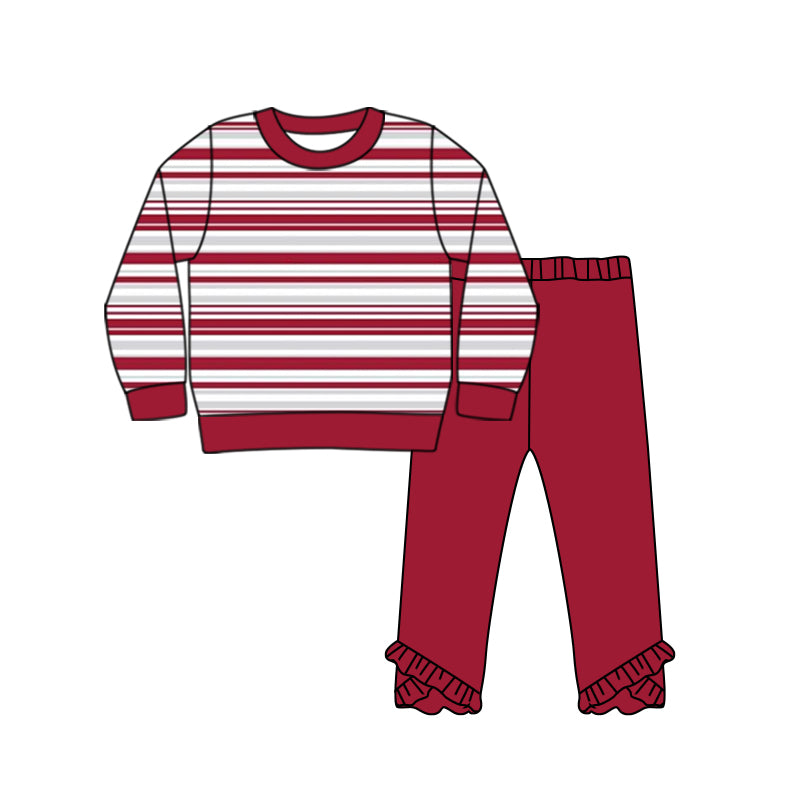 (Custom Design Preorder MOQ 5) Red Stripes Print Girls Fall Clothes Set