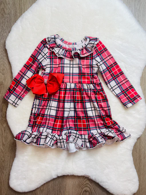 (Custom Design Preorder MOQ 5) Red Plaid Print Girls Knee Length Christmas Dress