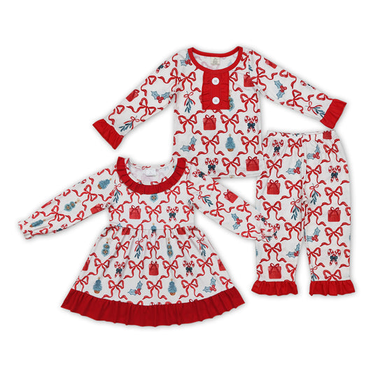 Candy Cane Bows Holly Print Sister Christmas Pajamas Clothes