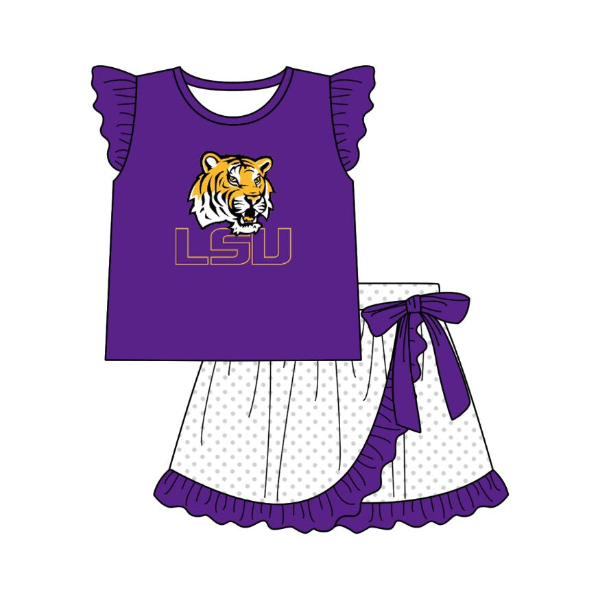 (Custom Design Preorder MOQ 5 ) Team's LSU Purple Top Dots Skirts Girls Summer Clothes Set