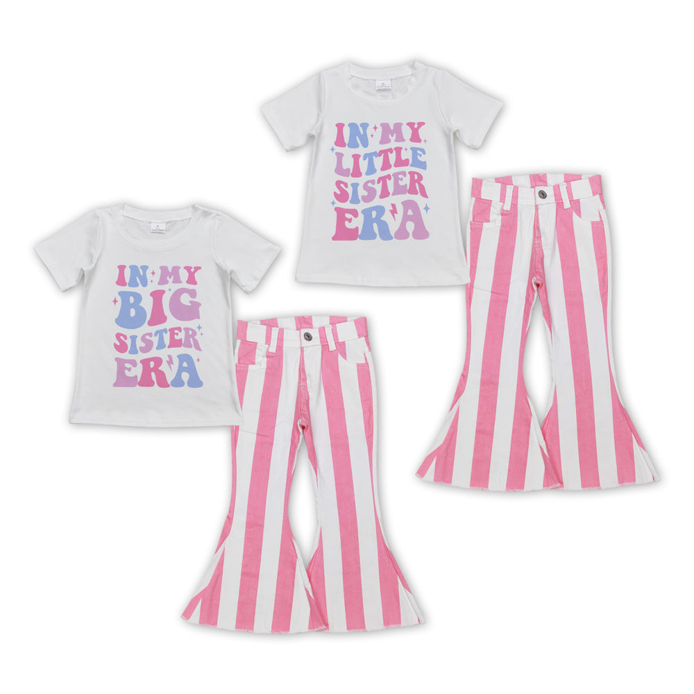 In My Little/Big Sister ERA Top Pink Stripes Denim Bell Jeans Girls Clothes Set