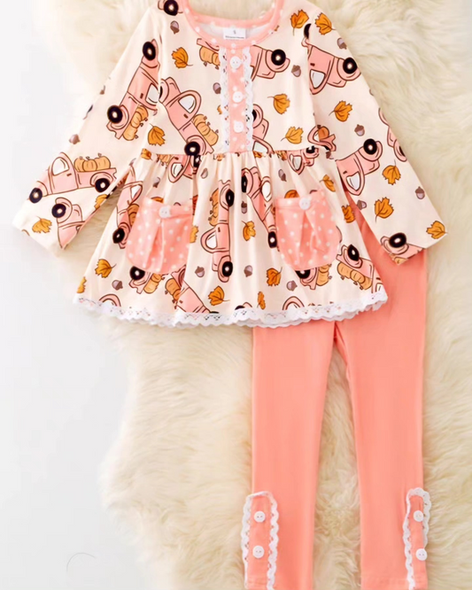 (Custom Design Preorder MOQ 5) Pumpkin Truck Tunic Top Pink Pants Girls Fall Clothes Set