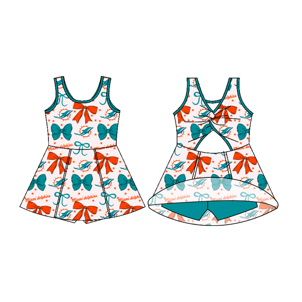 (Custom Design Preorder MOQ 5 ) Team's Dolphins Bows Print Backless Top Shorts Skirts Girls Summer Yoga Dress