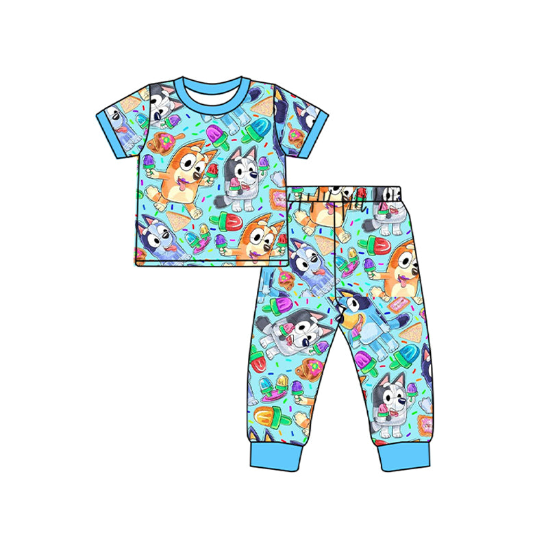 (Custom Design Preorder MOQ 5) Blue Cartoon Dog Print Kids Pajamas Clothes Set