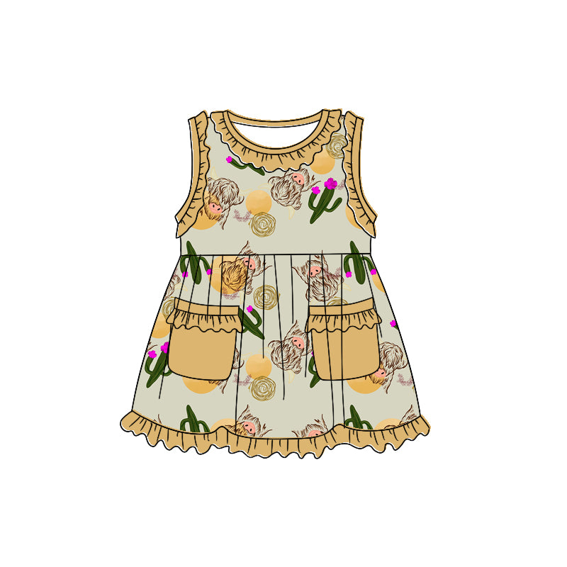 (Custom Design Preorder MOQ 5) Highland Cow Cactus Print Girls Knee Length Summer Western Dress