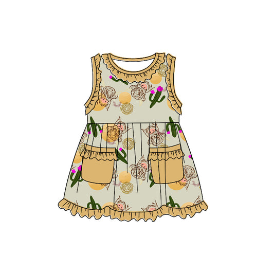 (Custom Design Preorder MOQ 5) Highland Cow Cactus Print Girls Knee Length Summer Western Dress