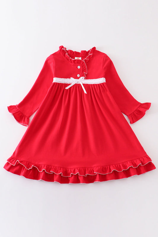 (Custom Design Preorder MOQ 5) Red Color Girls Christmas Knee Length Dress