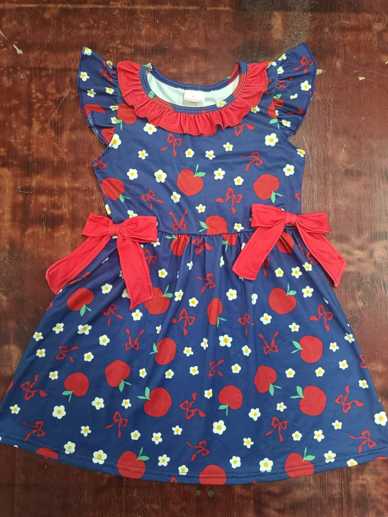 (Custom Design Preorder MOQ 5)  Apple Flowers Bows Print Girls Summer Knee Length Dress