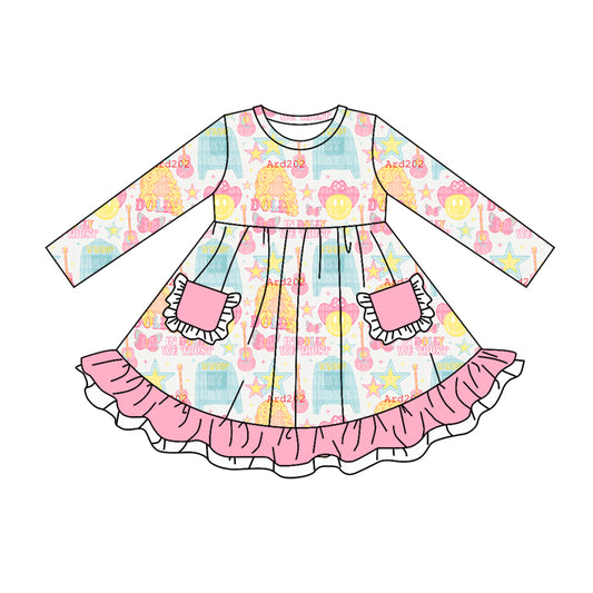 (Custom Design Preorder MOQ 5) Dolly Guitar Pink Print Girls Knee Length Fall Western Dress